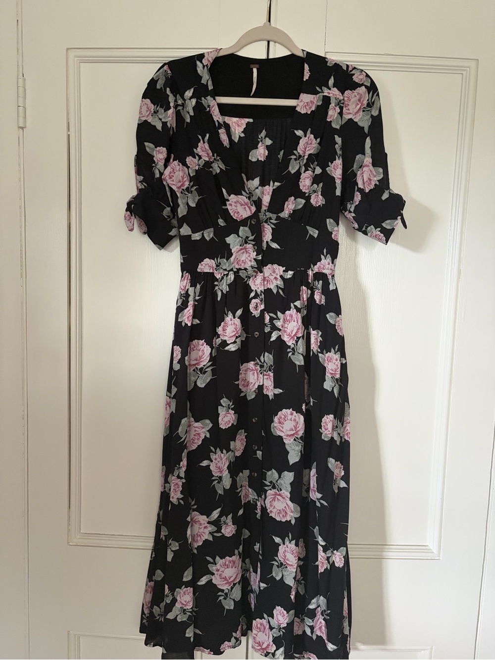 Free People Black Midi Dress with Pink Rose Print